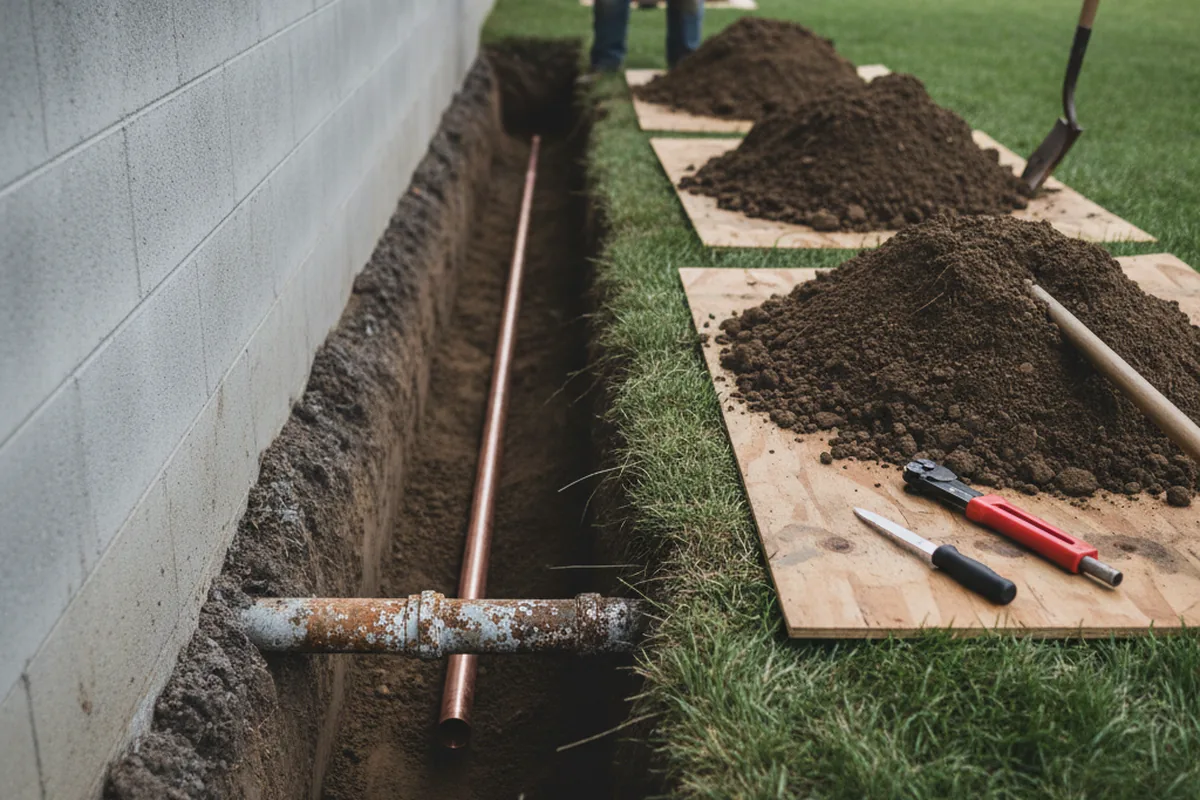 Excavated water line trench during Sewer Line Repair in Brewster